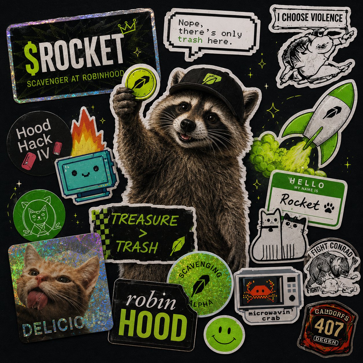 Sticker wall with $ROCKET, scavenger at Robinhood